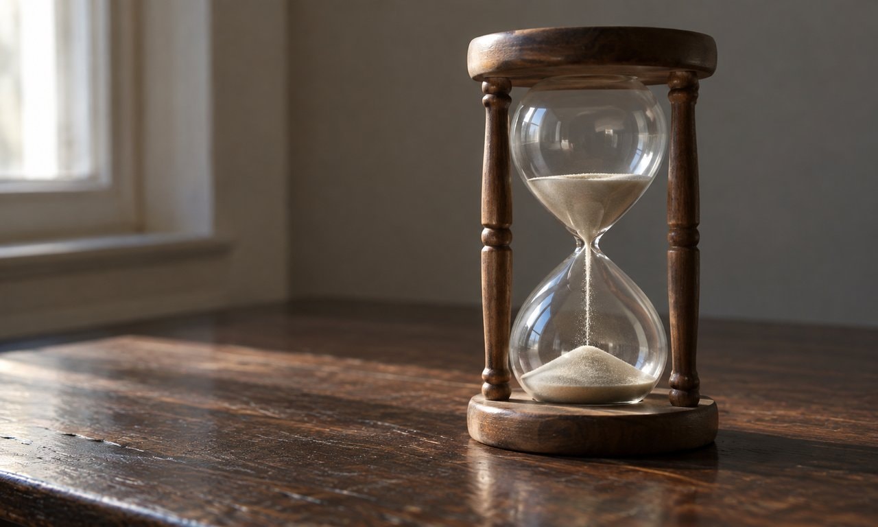 A glass hourglass with pale sand and wooden supports on a dark desk