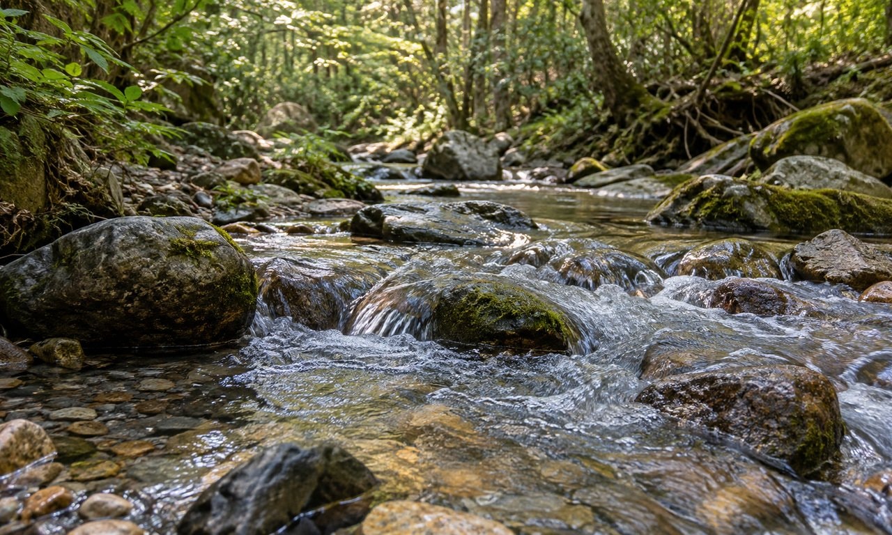 A clear stream flowing over rounded stones between wooded banks