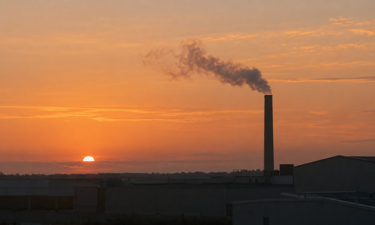 A smokestack and low industrial roofs silhouetted against an orange sky