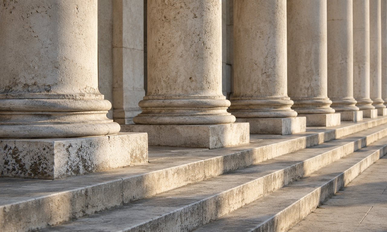 Weathered stone columns and broad steps in soft morning light